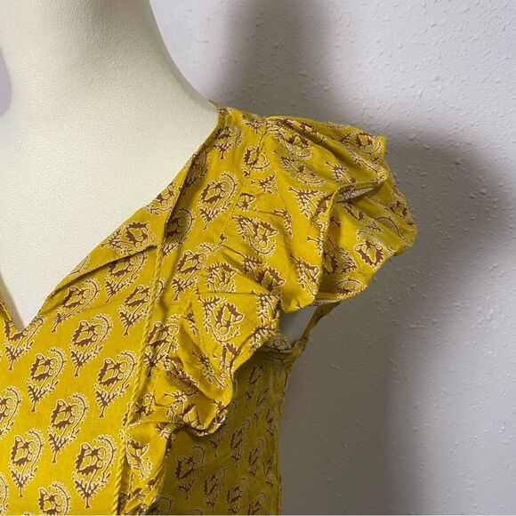 Rose + Olive Yellow Boho Short Flutter Sleeve Top W/ Tassels Women's Size Small - Picture 5 of 14